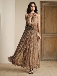 Anewsta Đầm dáng suông cổ chữ V xếp ly in họa tiết và ánh kim mới cho mùa Xuân/Hè, đầm dự tiệc màu nâu thanh lịch, đầm cổ yếm đính đá lấp lánh, đầm cưới. - màu nâu - Xem 5