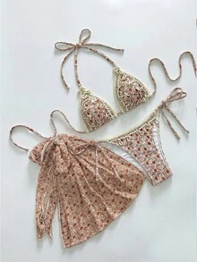 SHEIN Swim 女士几何印花复古优雅系带三件套比基尼，饰有贝壳图案，适合海滩、度假、派对穿着 - 彩色 - 查看 7