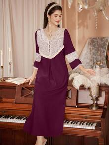 PalaceNights 优雅撞色蕾丝泡泡褶皱女士睡裙，秋冬款 - 紫色 - 查看 6