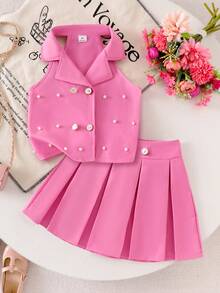 女童粉色翻领无袖露脐背心和百褶迷你裙套装，时尚优雅的儿童夏季服装 - 玫紅色 - 查看 5