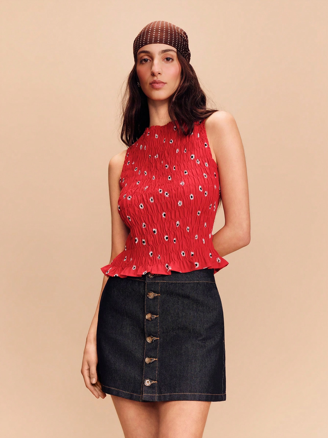 Red Print Sleeveless Ruched Top With Peplum Hem Spring Summer French Style Parisian Style Boho Vacation Going Out Resorts