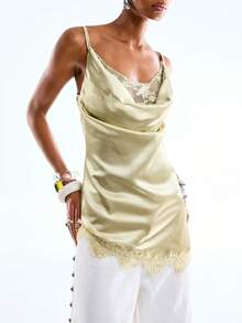 LYSMO 2026新款极简主义春夏女式撞色蕾丝垂褶领吊带背心，夏季海滩度假女装 - 綠色 - 查看 3