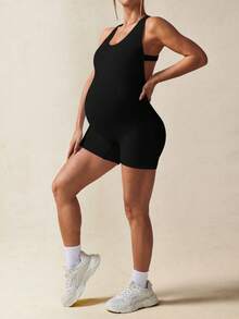 SHEIN Maternity Casual Solid Color Sleeveless Backless Romper For Summer,Word Cup - Black - View 8