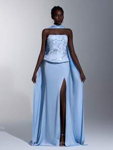 Elitara Elegant Blue Luxury 3D Romantic Beaded Embroidered Lace & Satin Bustier Dress With Mermaid Silhouette High Slit (Detachable Halter Included), Suitable For Weddings, Parties, Galas, Vacations - Blue - View 6