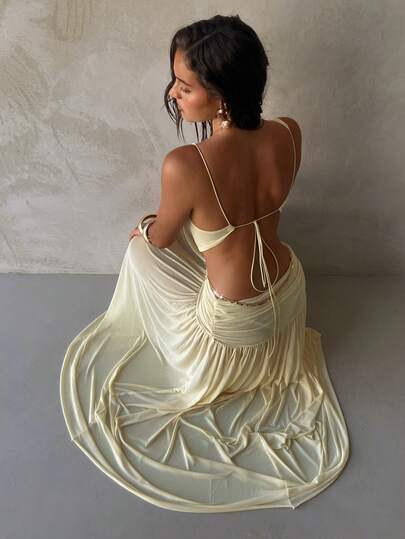 Aloruh Women's Spring/Summer New Cream Yellow Chiffon Dress, Sexy Elegant A-Line Dress With Chain Waist Decoration, Suitable For Vacation And Beach Summer Dress Summer Holiday Outfits Beach Vacation Outfits For Women Elegant Long Dress Vacation Outfits Women Holiday Outfits For Women Beach Vacation Outfits For Women Tropical Vacation Outfits For Women Cover Ups For Swimwear Bathing Suit Cover Up Swim Coverup Women Beach Cover Up Women's Beach Cover-Up Women's Beach Cover Upbeach Cover Ups For Women Elegant Women's Beach Cover Up Swim Coverup Women