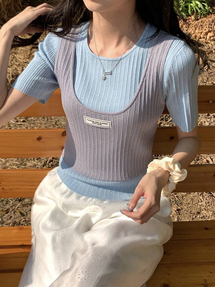 Women's Round Neck 2 In 1 Casual Korean Style Short Sleeve Knit Top Summer