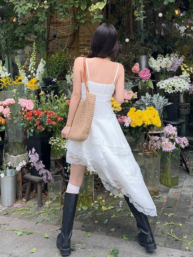Women's White Beach Vacation Outfit Cake Skirt Mid-Length Dress
