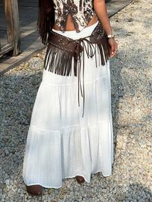 Muchica White Woven Women's Vacation Casual Ruffle Hem Skirt - White - View 1