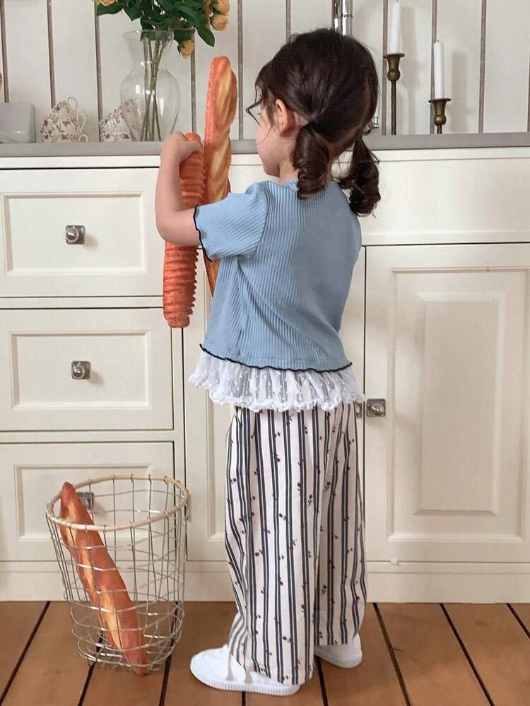 Baby Girls Elastic Waist Striped Floral All-Over Print Loose Casual Bottoms