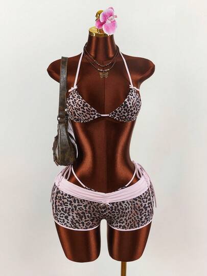 Amplova 2pcs Women's Bra And Shorts Set, Reversible Waistband, Contrast Color Leopard Print, Sexy & Fashionable, Suitable For Vacation