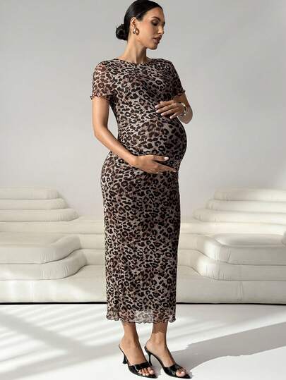 MaterniWear Summer Outfits Maternity Work Clothes Maternity Work Outfits   Maternity Work Dresses Maternity Fashionable Leopard Print Fitted Dress For Summer Leopard Print Mesh Dress For Pregnant Women, High Elasticity, Slim Fit, And Elegant Style.Old Money Style