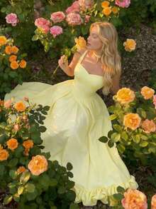 SHEIN MOD 女式纯色褶皱褶皱下摆优雅挂脖连衣裙 - 黃色 - 查看 8