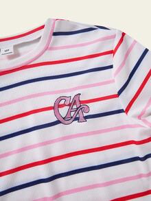 SHEIN Casuvi Kids 1件少女休闲条纹CA字母刺绣不对称拼接A字连衣裙，时尚百搭，适合聚会，简约设计 - 粉色 - 查看 6