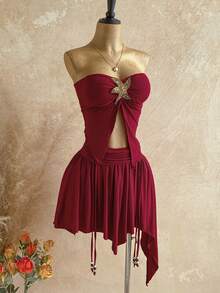 Soleia Women's Burgundy Summer Casual Vacation Holiday Beach Outfit, Cowgirl Style Drawstring Waist Asymmetric Ruffle Hem Mini Skirt And Top Y2K Set - Burgundy - View 3