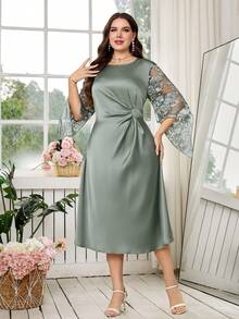 Reflora Đầm thanh lịch dành cho nữ cỡ lớn, phối lưới jacquard, tay loe, eo nhún. - màu xanh lá - Xem 5