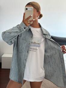 DAZY 女士做旧牛仔衬衫，带纹理领 - 藍色 - 查看 3