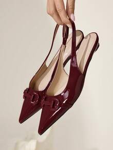 CUCCOO CHICEST Women's Vintage Metal Buckle Pointed Toe Flat Shoes, Lacquered Leather Backless Slip-On Pumps, Versatile For Commuting, Shopping, Daily Wear, Dating, Spring/Summer - Burgundy - View 5