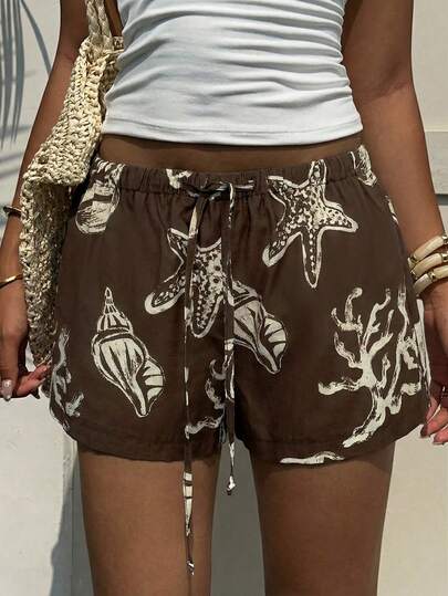 Aloruh Women's Summer Casual Vacation Shell Print Drawstring Waist Shorts