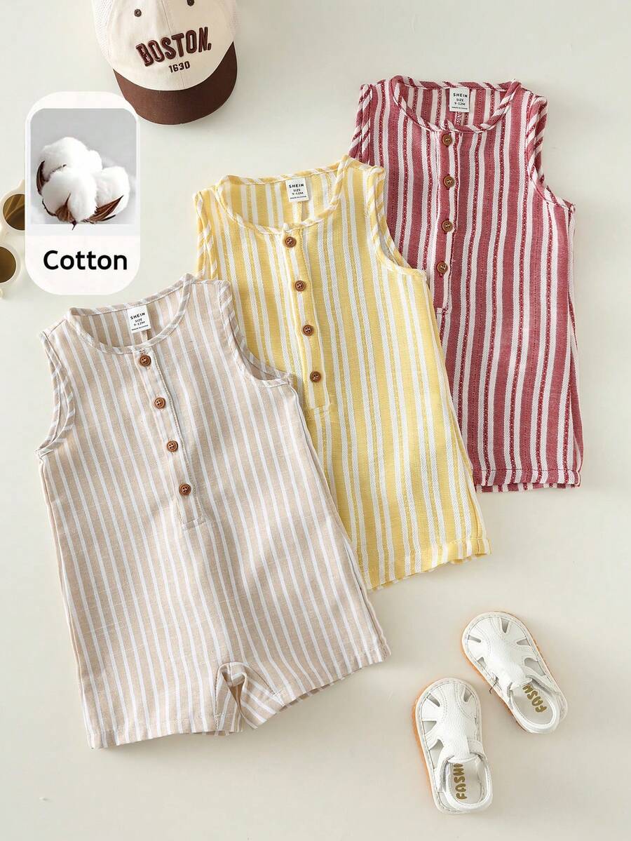 SHEIN 3pcs/Set Newborn Unisex Baby Casual Striped Sleeveless Romper, Summer Basic Bodysuit Set - Multicolor - View 1