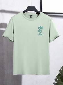 Manfinity RSRT Men's Classic Coconut Tree Graphic Round Neck Short Sleeve T-Shirt, Summer Vacation Style Short Sleeve Top - Green - View 3