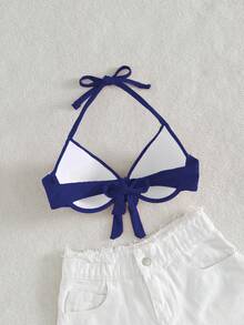 Swim Vcay 女士简约纯色扭结前开襟挂脖比基尼上衣，带钢圈，适合海滩度假 - 藏蓝色 - 查看 4