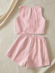 SHEIN VCAY 两件套女士休闲条纹编织图案露脐上衣和高腰宽松短裤套装 - 紅白色 - 查看 2