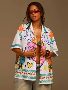 Athîral Áo sơ mi nữ mùa hè in hình trái tim, cài cúc phía trước, tay ngắn, dáng rộng. - Nhiều màu - Xem 4