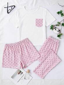 SHEIN Casual 3 Pieces Lounge Set With Cute Heart Print And Pocket Detail - Pink - View 3