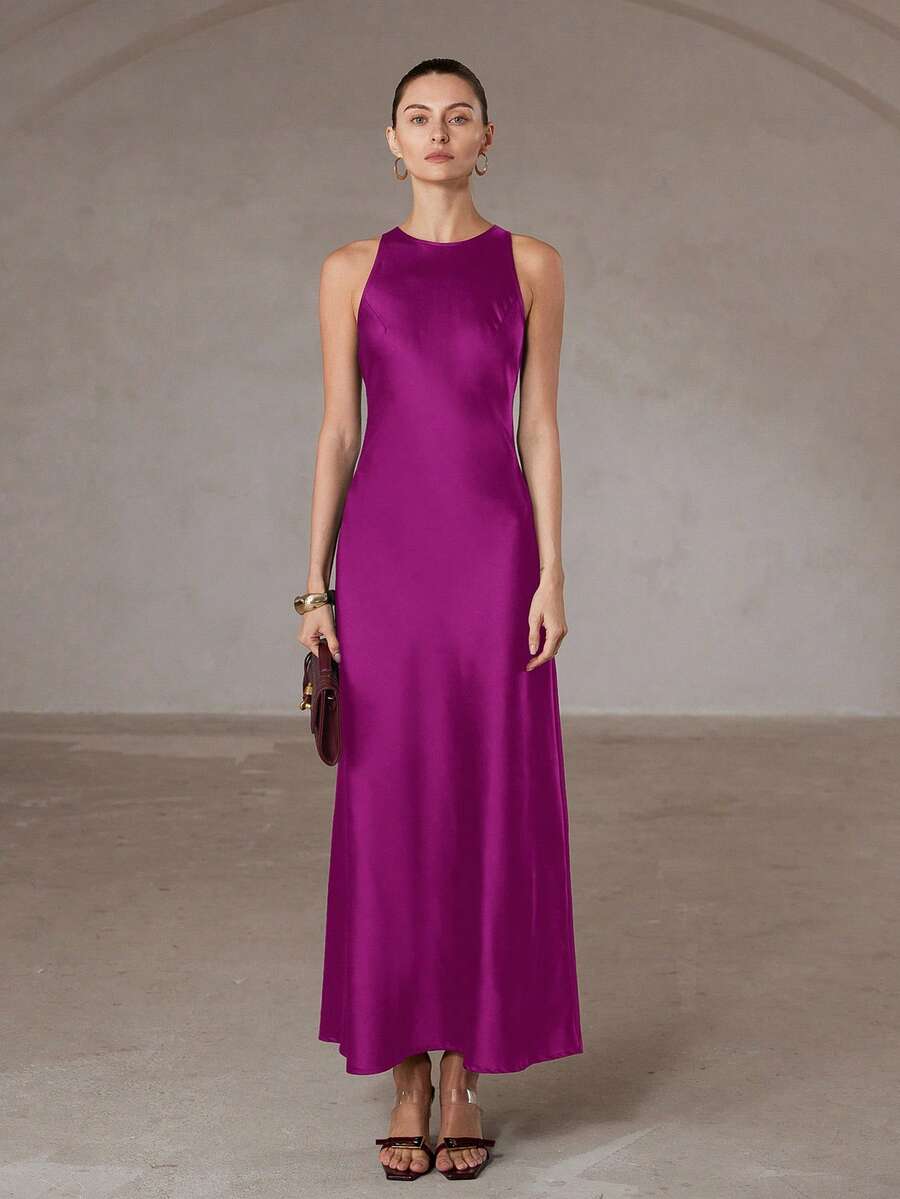 Aveloria Modichic 简约优雅不对称斜裁双面缎面醋酸纤维面料A字无袖连衣裙（女款） - 玫紅色 - 查看 1