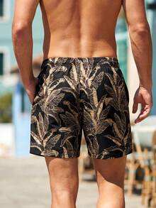 Horizaway 男士休闲印花沙滩短裤 男士花卉泳裤 男士带衬里泳裤 男士棕榈树泳裤 - 黑色 - 查看 2