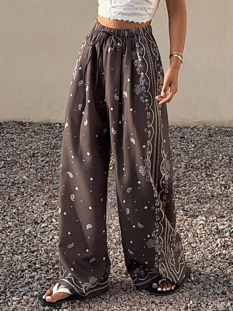 Floral Print Loose Wide Leg Pants With Elastic Waist And Drawstring, Casual Holiday Wear For Women, Spring/Summer