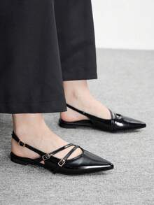 CUCCOO BIZCHIC 女士尖头黑色漆皮后带极简主义鞋，适合通勤和日常穿着 - 黑色 - 查看 4