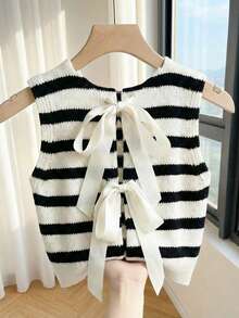 Franclia Nueva llegada de primavera temprana, blusa de punto para mujer de cuello redondo sin mangas, con lazo y rayas de contraste - Multicolor - Ver 8