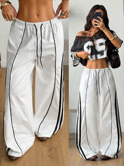 Coolane Women's Spring/Summer Spring And Summer Concert Streetwear Going Out Color-Blocked Parachute   Black Woven Tape White Pants