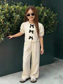 Firerie Kids 两件套女童蝴蝶结装饰泡泡袖上衣+宽松裤套装，休闲可爱时尚，适合外出、拍照、公园、露营、日常、派对、度假等场合。 - 白色 - 查看 3