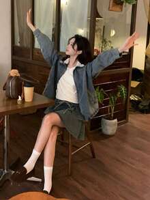 DAZY 女士蕾丝水洗韩版长袖外套和荷叶边牛仔裙套装 - 藍色 - 查看 4