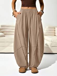 Solflare Plus Size Women Casual Loose Pocket Pants, Apricot Color - Apricot - View 4