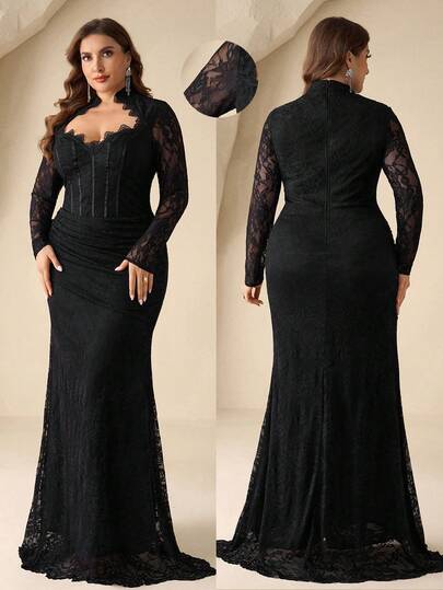 Coutiva Plus Size Stand Collar Lace Long Sleeve Maxi Formal Evening Gown (Heavily Embellished) Long Black Elegant Dress Black Formal Evening Gown Long Sleeve Formal Dress Women Evening Dress Elegant Corset Dress Elegant
