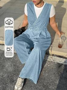 Dazy Plus Vintage Washed Blue Sexy Deep V-Neck Sleeveless Denim Jumpsuit, Plus Size For Women, Spring/Autumn - Baby Blue - View 1