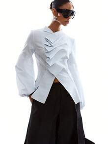 LYSMO 女士褶裥肩部灯笼袖前扣时尚衬衫 - 彩色 - 查看 4