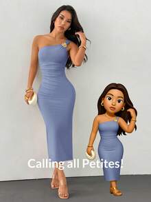 SHEIN PETITE Trang trí trâm cài màu vàng đồng, cổ áo bất đối xứng, chân váy đuôi cá xếp ly. - Màu xanh bụi bặm - Xem 10