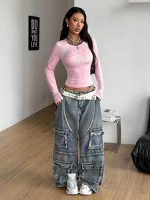 Coolane 女士秋冬街头休闲运动装返校休闲棉质撞色圆领长袖T恤 - 淺粉色 - 查看 2