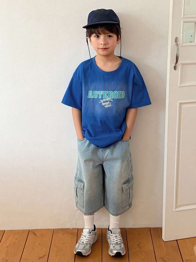 Young Boys Crew Neck Dropped Shoulder Short Sleeve Casual Loose T-Shirt Summer