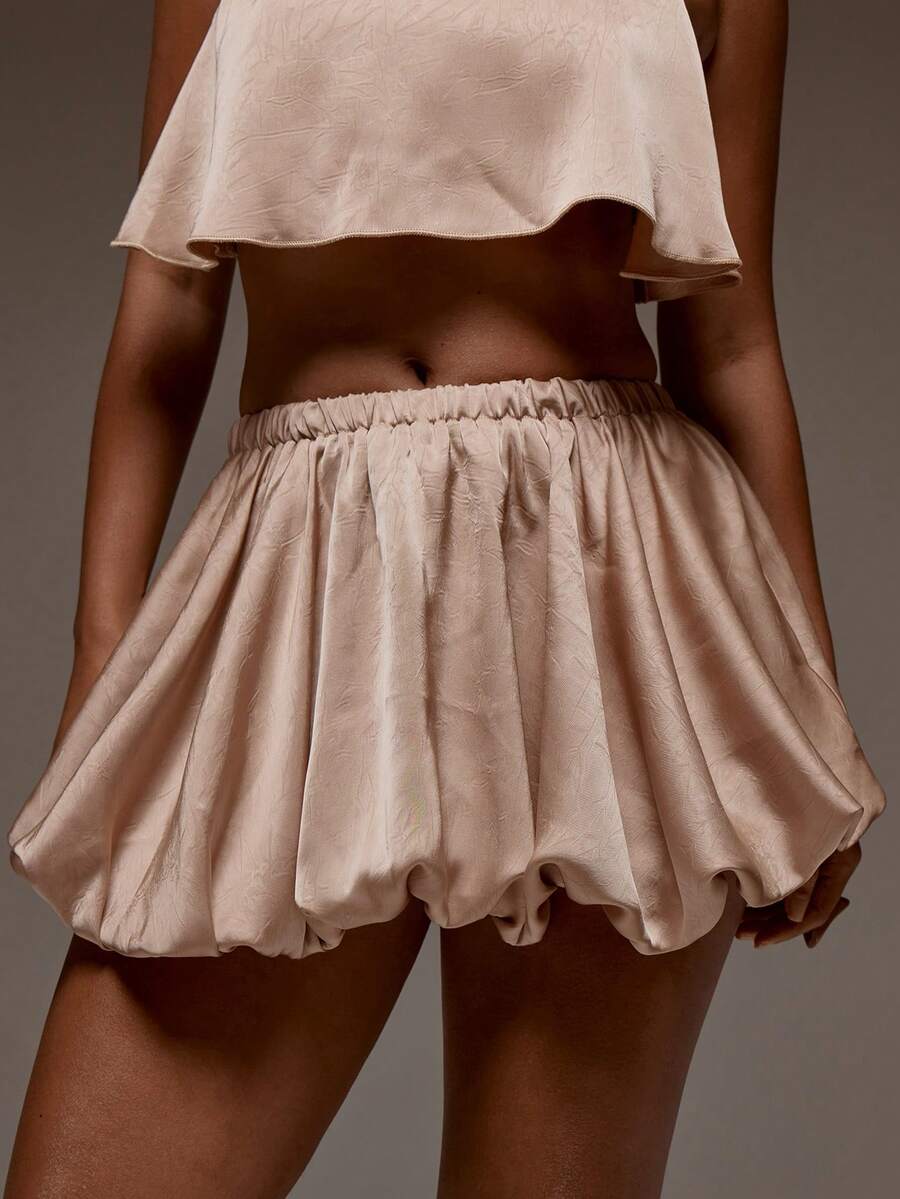 MUSERA Satin Low Rise Brown Bubble Puffball Mini Skirt Spring Summer Holiday Vacation Beach Ibiza Festival Party Elegant Divinity - Khaki - View 1