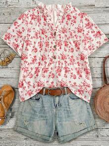 Linhara Summer Fashionable Casual Vacation French Retro Elegant Commuting Ruffled Floral Print Shirt - Pink - View 1