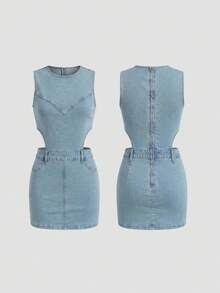 SHEIN MOD Women's Y2K Fitted Versatile Hollow-Out Denim Bodycon Dress - Light Wash - View 4