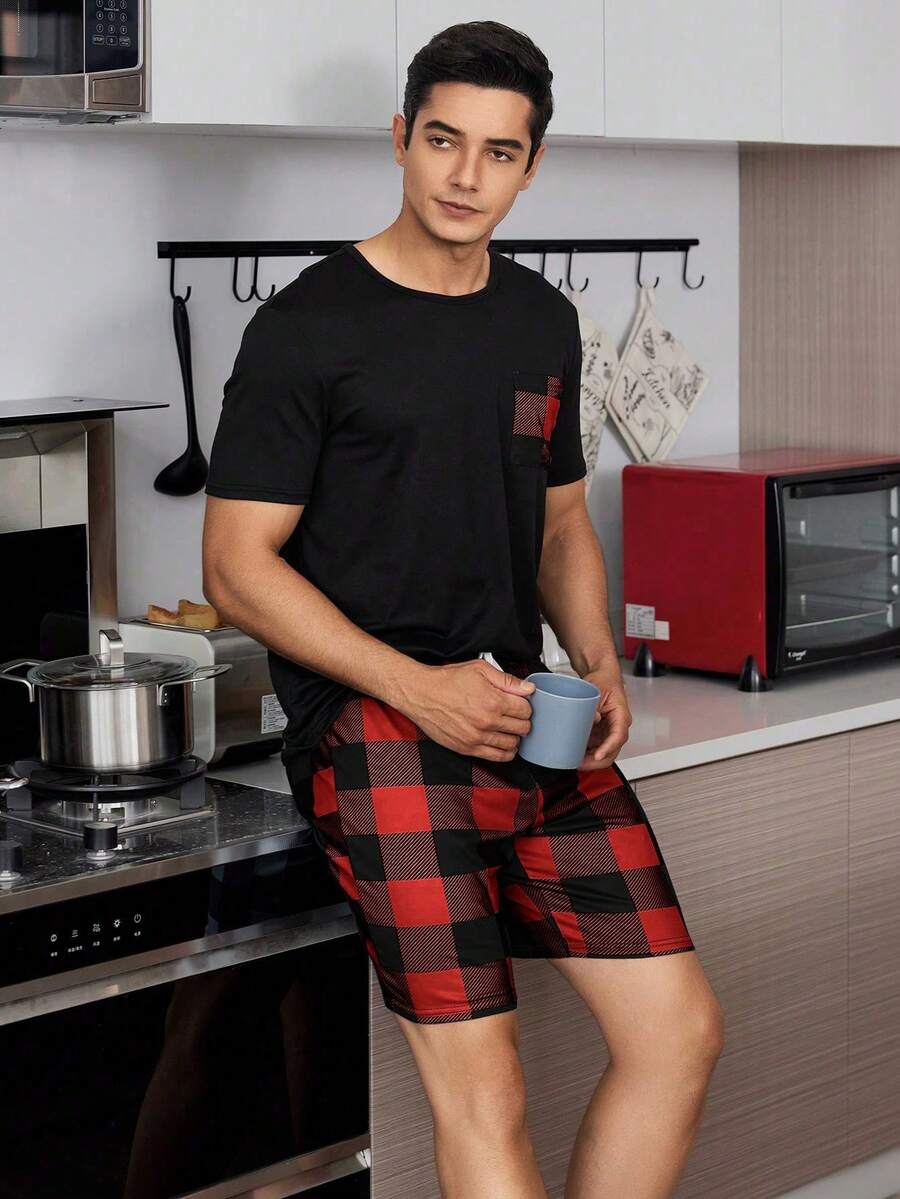 Snug Zone Conjunto de pijama de 2 piezas de manga corta con estampado a cuadros para hombres - Negro - Ver 1