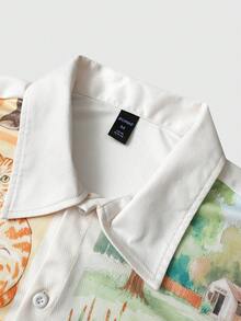 ROMWE MEN Men's Cat Print Button Front Casual Short Sleeve Shirt, Summer - Khaki - View 5