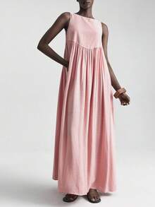 2026春夏新款女士纯色褶皱圆领无袖休闲长款粉色连衣裙，波西米亚风，伊比沙岛度假装，宽松舒适。新款夏季女士优雅正式连衣裙 - 粉色 - 查看 7