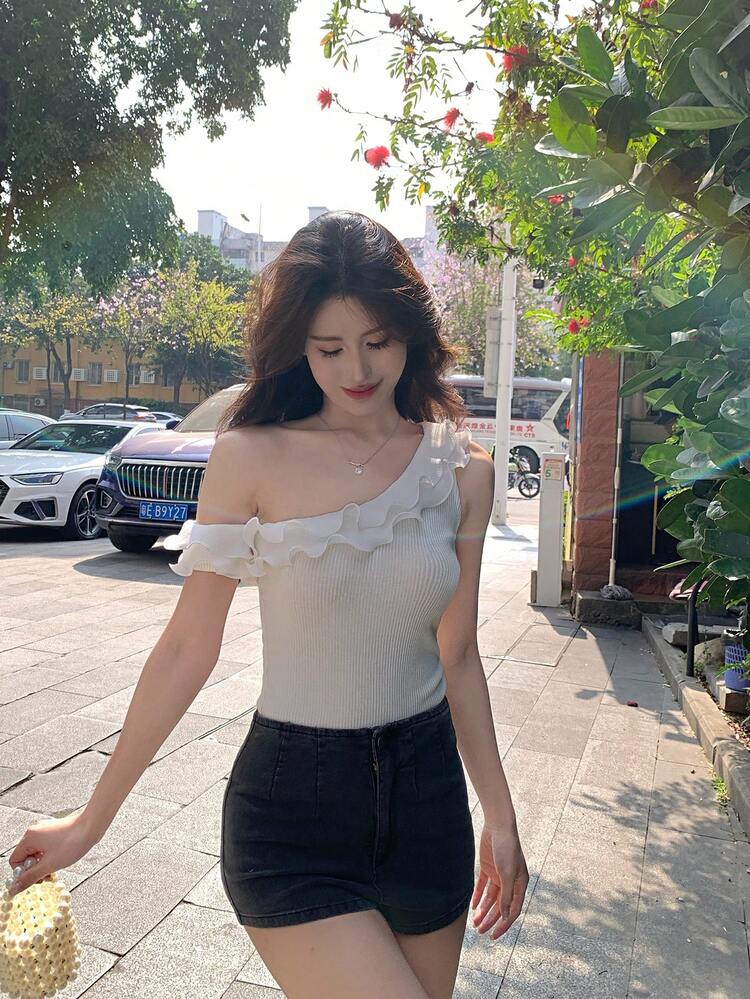 Women's Ruffle Shoulder Design Short Sleeve T-Shirt, Sweet & Spicy Style Cropped Top